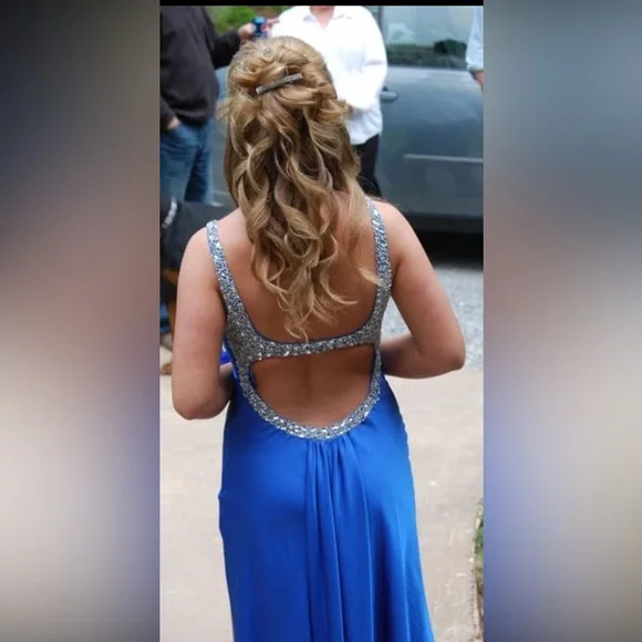 strapless open back dress Faviana Long Beaded Light Blue Prom Dress main image 0